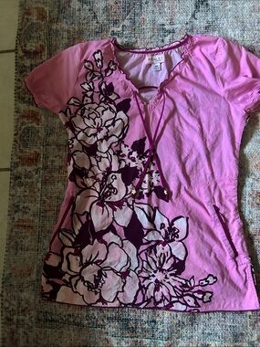 Women's Scrub Pink Floral Tie-Front Top